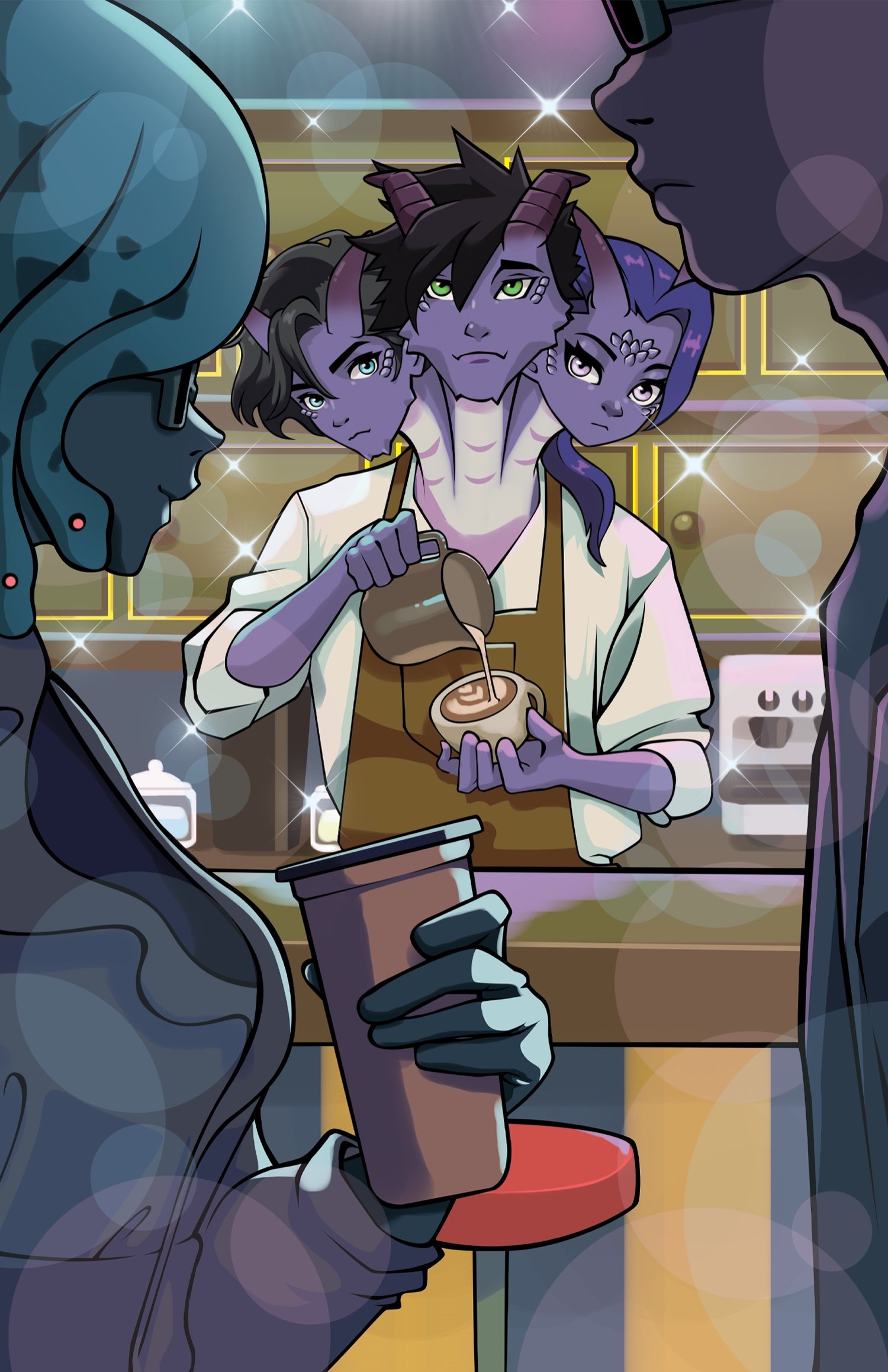 Approved Momo and Yeti artwork of Ash serving coffee inside the crowded MTHRNTR café