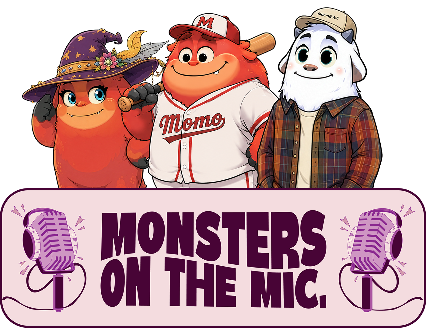 Madame Momo, Momo Jr and Yeti recording Monsters on the Mic beneath a glowing ON AIR sign