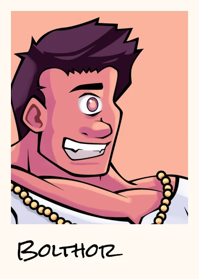Polaroid of Bolt Vrathos, a broad-shouldered Cyclops giant wearing a gold chain